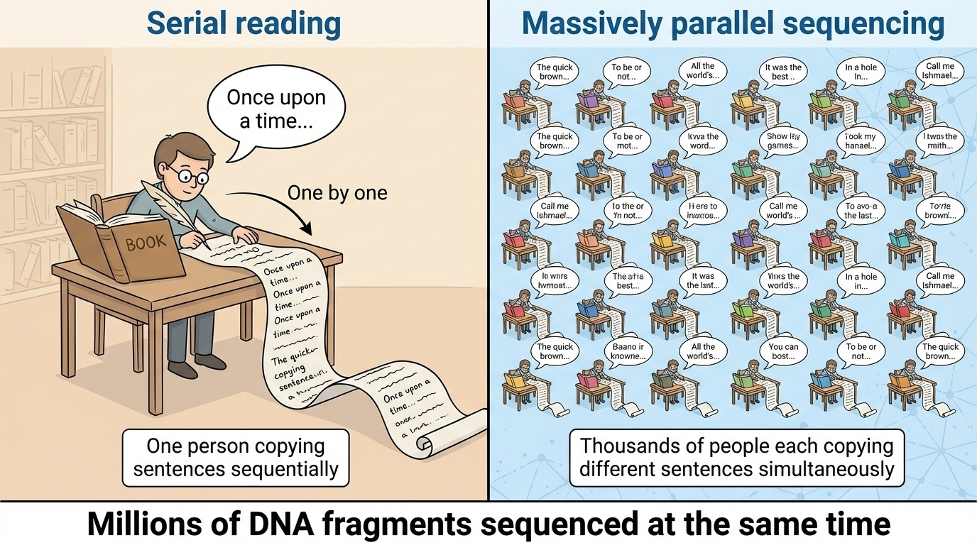Sanger vs NGS — serial vs massively parallel