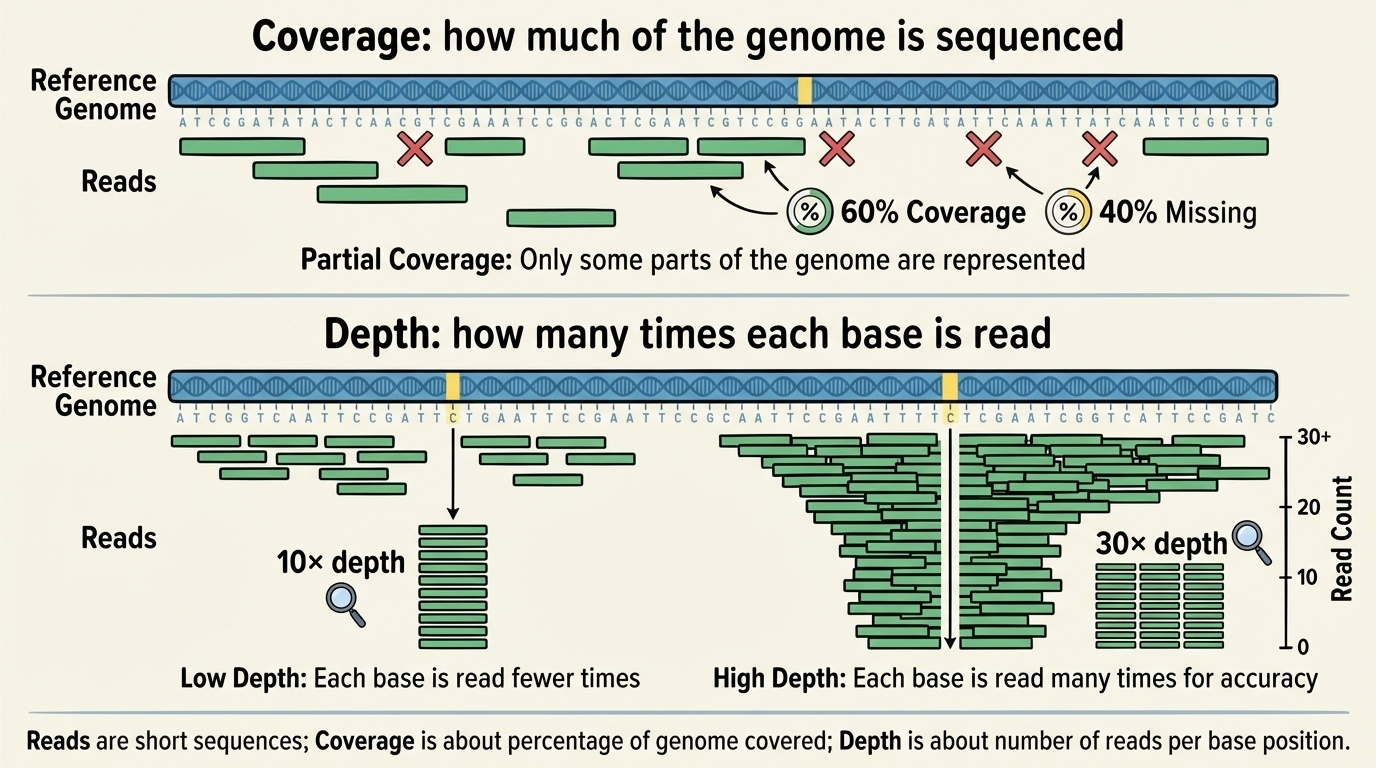 Reads, coverage, and depth explained