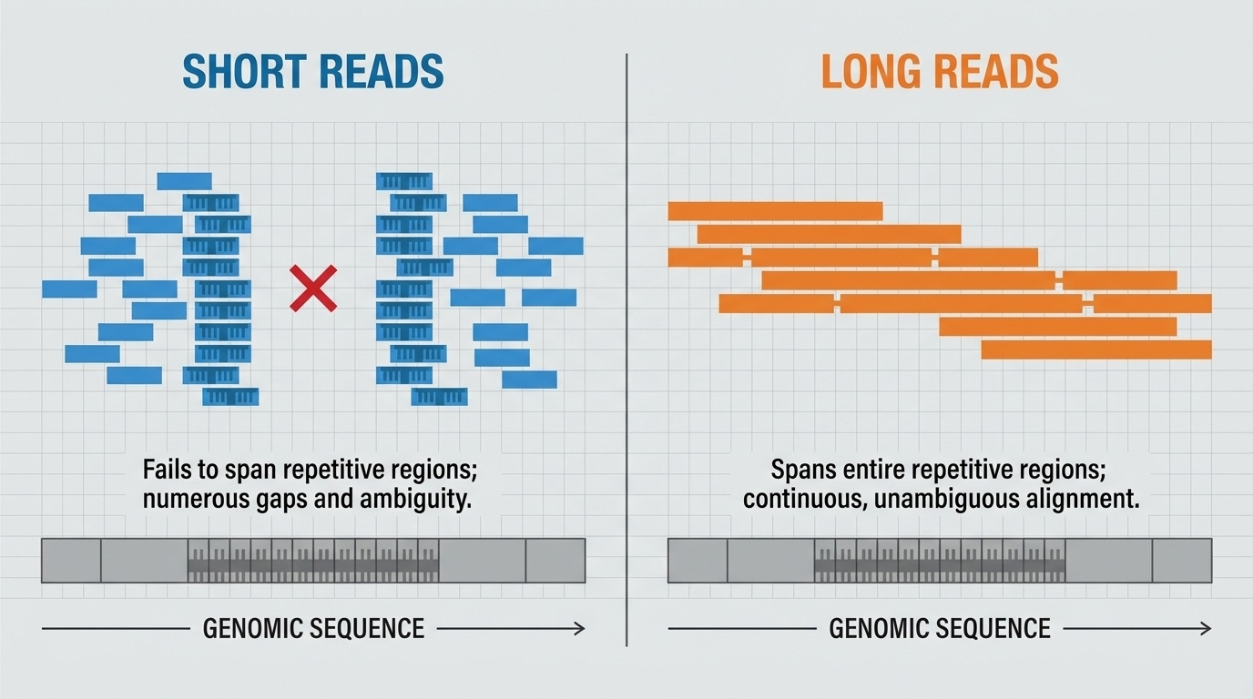 Short reads cannot span long repeats; long reads can