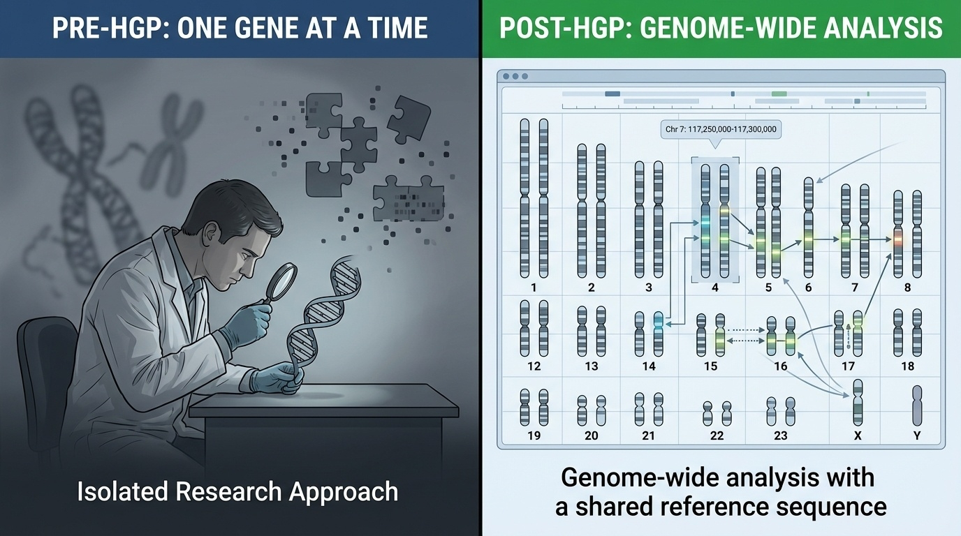 Pre-HGP gene-by-gene research vs post-HGP genome-wide research