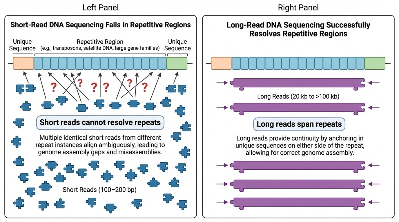 Short-read sequencing fails in repetitive regions while long reads succeed