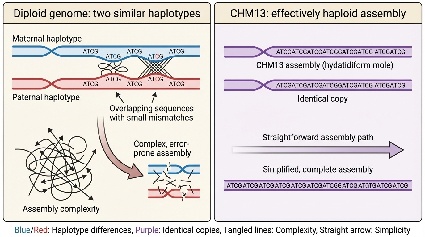 CHM13 has two identical copies of each chromosome, simplifying assembly