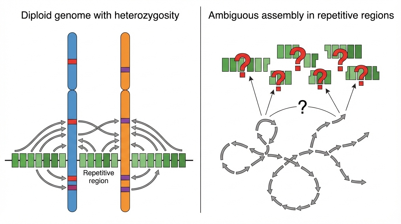 Heterozygosity makes assembly of repetitive regions ambiguous