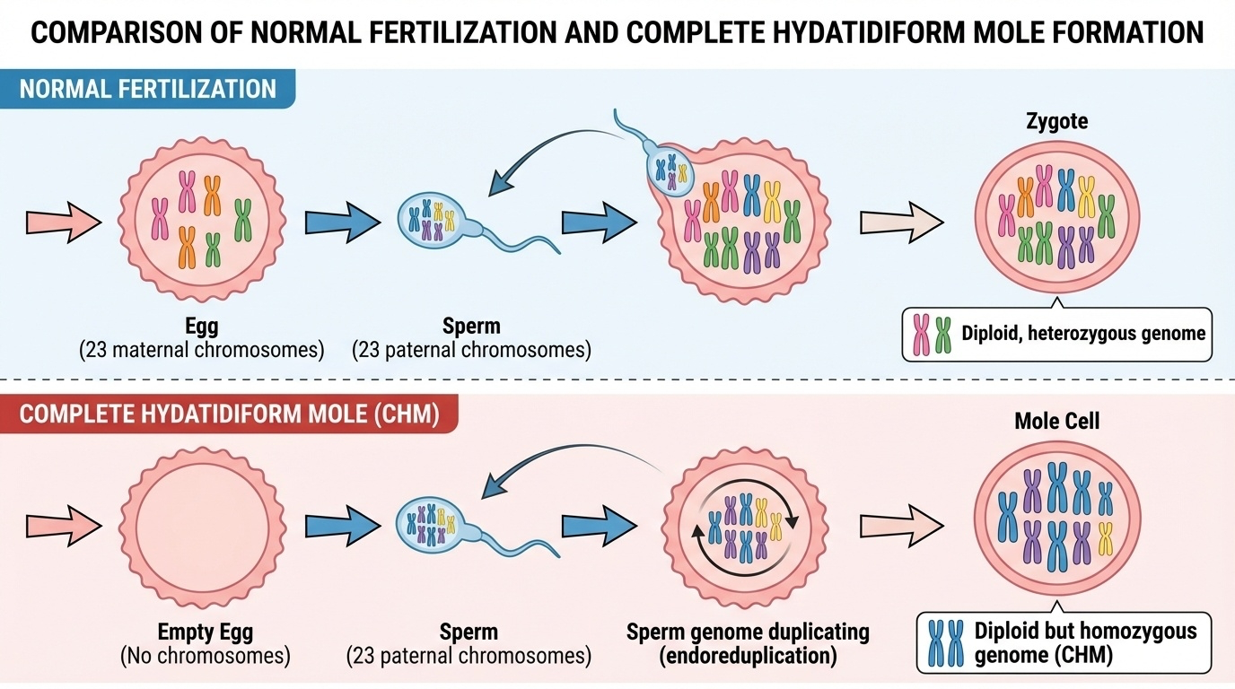 Normal fertilization vs complete hydatidiform mole formation