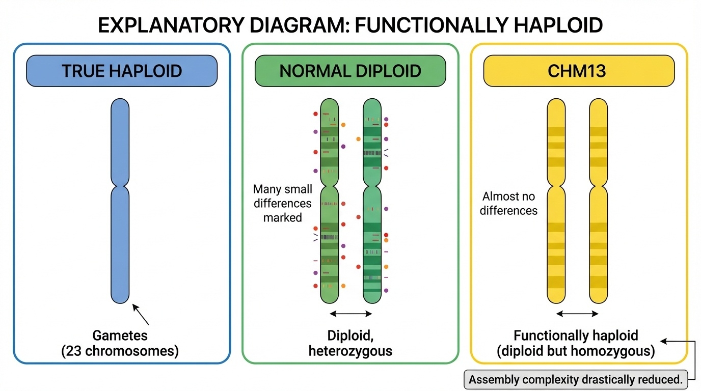 Functionally haploid explained: diploid in number, homozygous in sequence