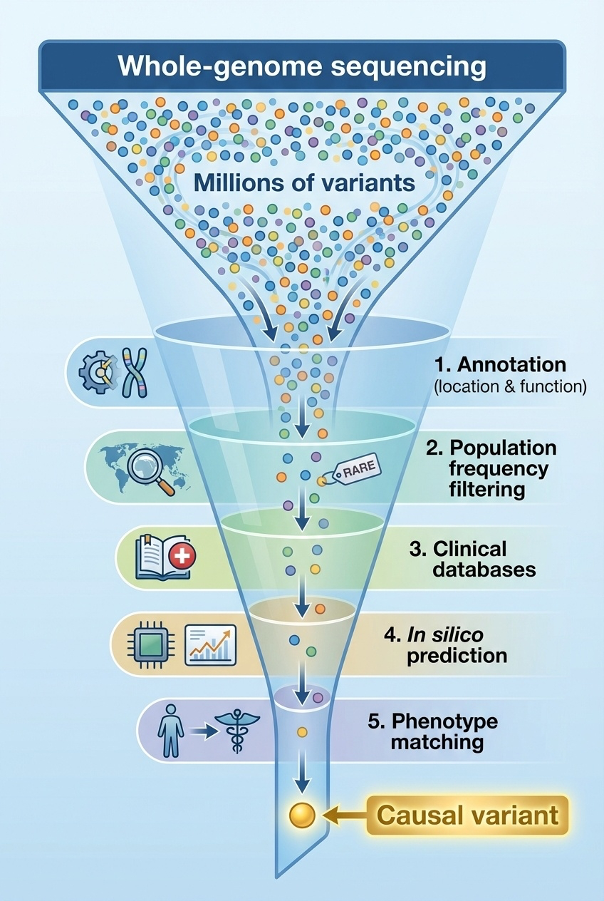 Four core questions of variant annotation: location, function, population, clinical