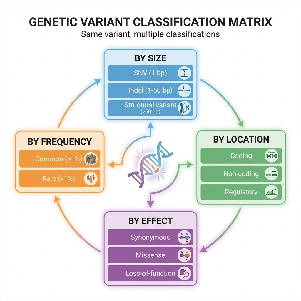 Four-axis classification framework: size, location, effect, frequency
