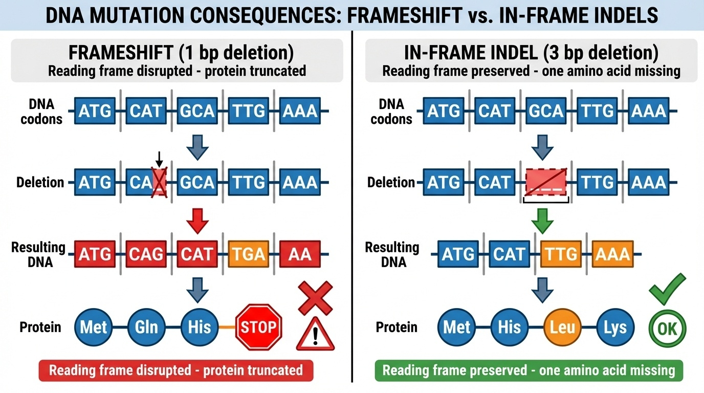 Frameshift vs in-frame indel comparison showing reading frame consequences
