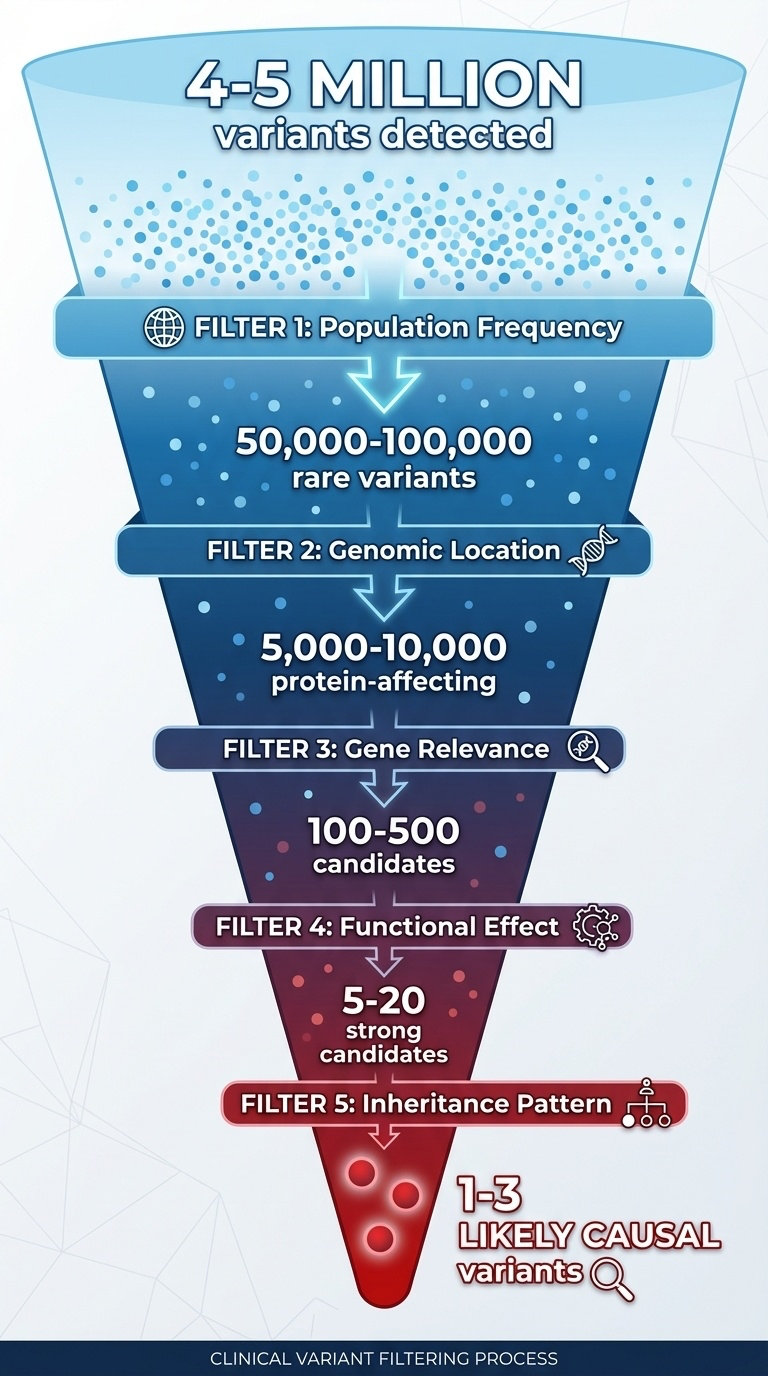 Variant filtering funnel from 4-5 million variants down to 1-3 causal candidates