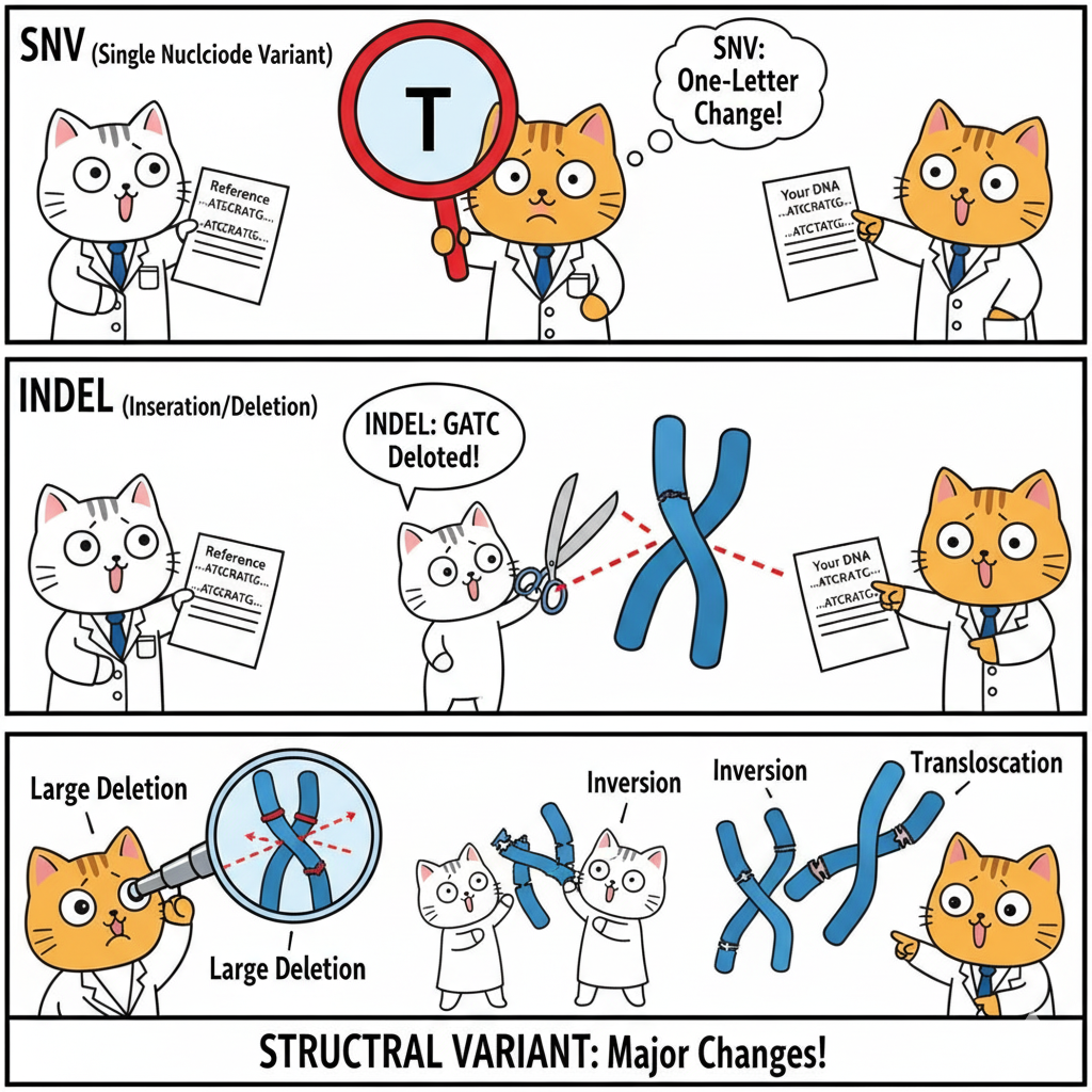 Variant types by size: SNV, indel, structural variant